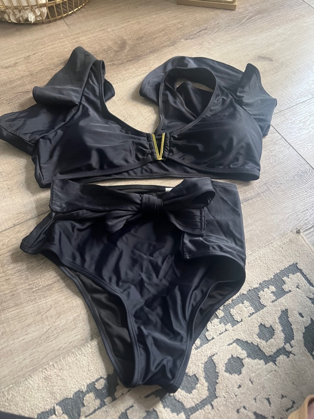 Black High-Waist Bikini Set with Bow Detail
